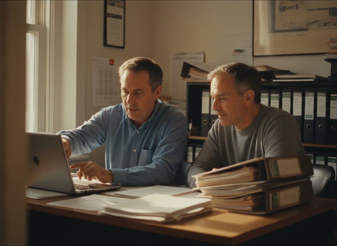 An accountant pointing at his laptop screen for a client sitting beside him, shelves of binders in the background