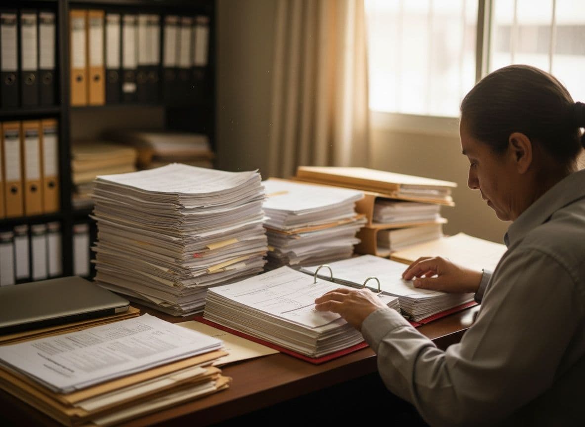 An accountant leafing through folders and stacks of receipts on a desk buried in paper