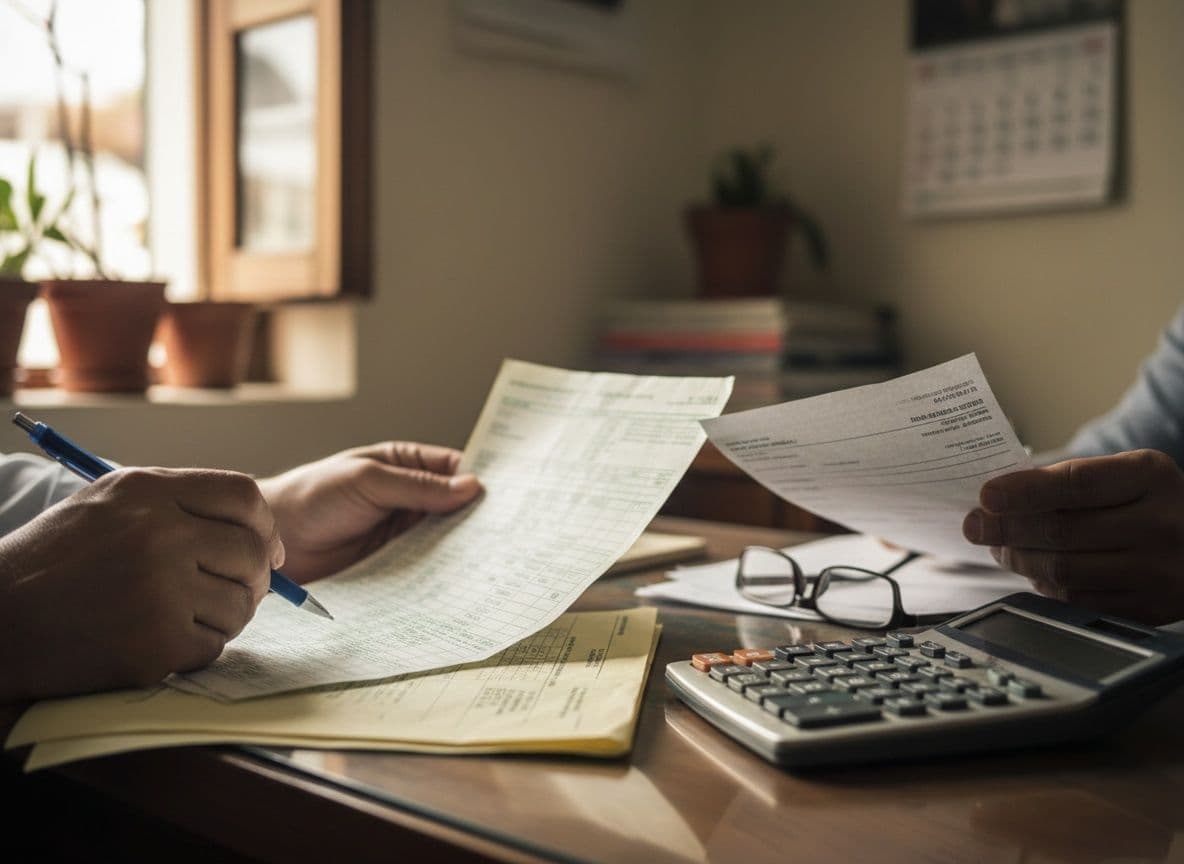 Hands comparing a printed tax return against its source receipt, with a pen and calculator on the desk