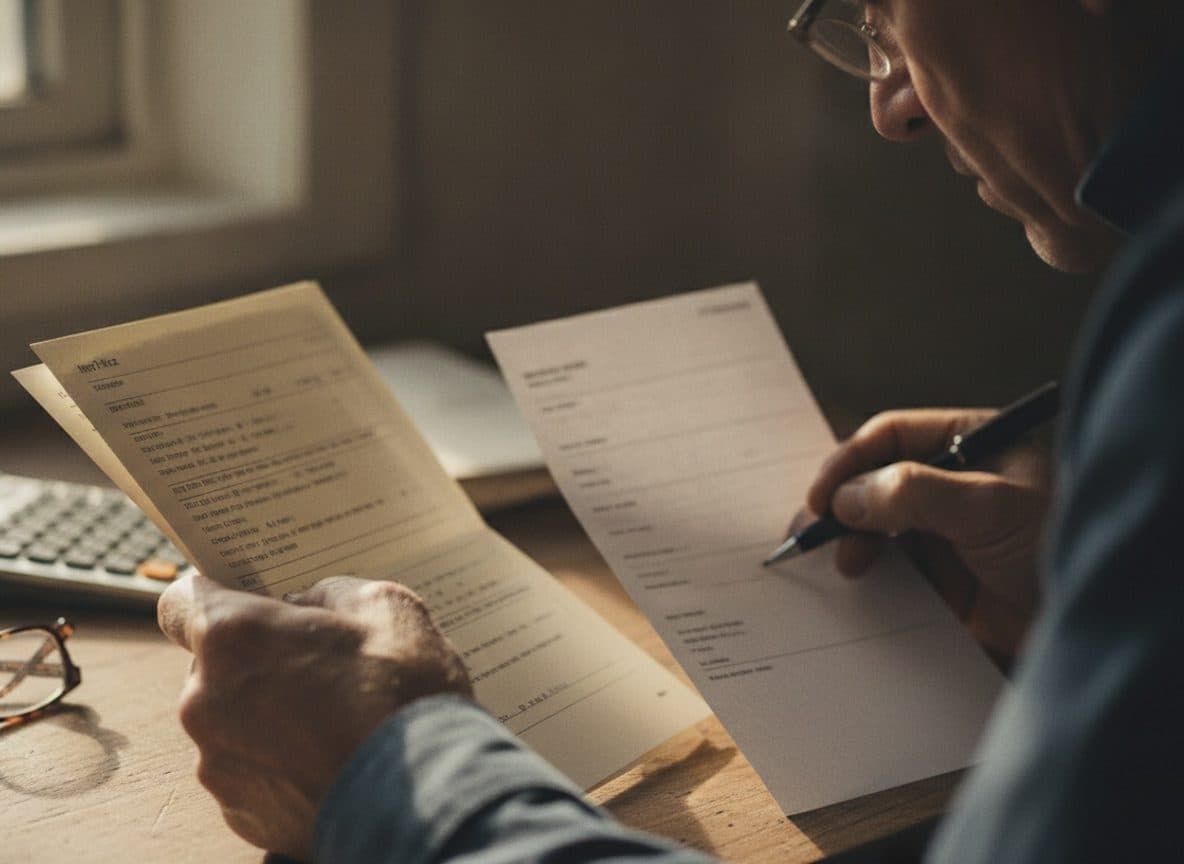 An accountant holding a bank statement next to an invoice, pen resting on one line, calculator on the desk