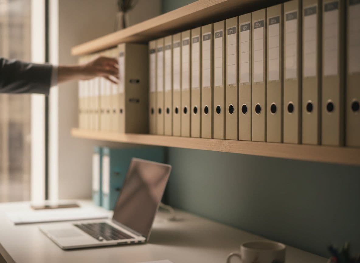 An archive shelf with tidy folders and a hand putting one back in its place