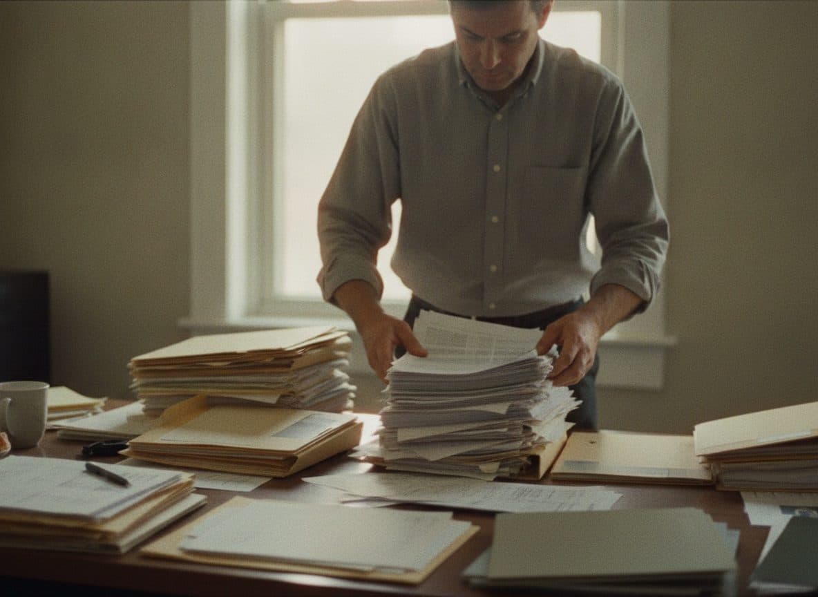 An accountant standing at a desk, sorting a pile of printed bank statements into separate folders, one per client, with window light behind him
