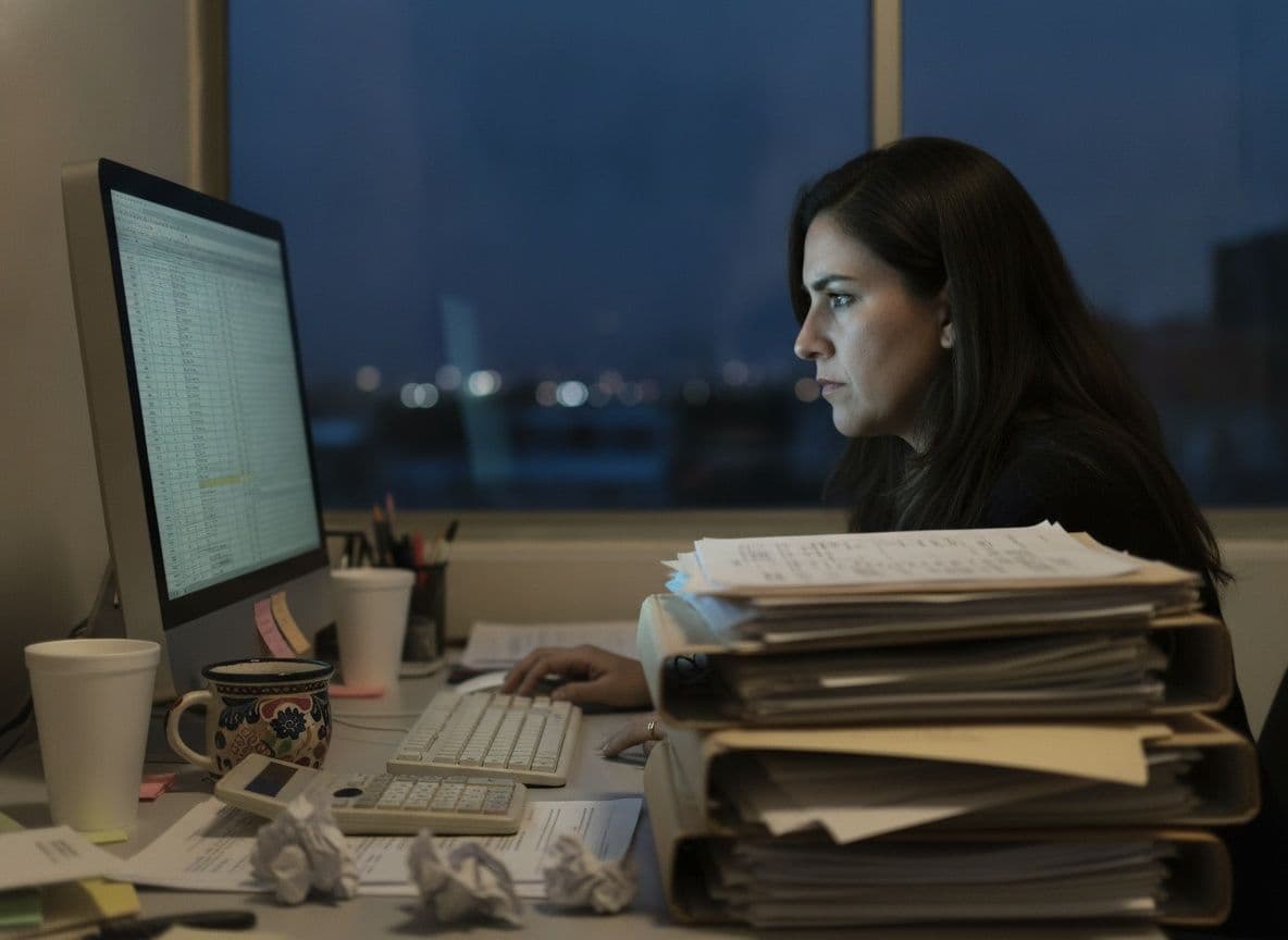 An accountant working late at night on a spreadsheet, with stacks of client folders next to the monitor